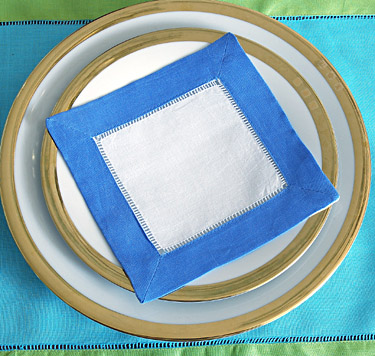 White Hemstitch Cocktail Napkin with French Blue border